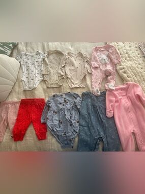 9 Items - Baby Girl Mixed Clothing Lot - Pink, Red, Blue, Cream